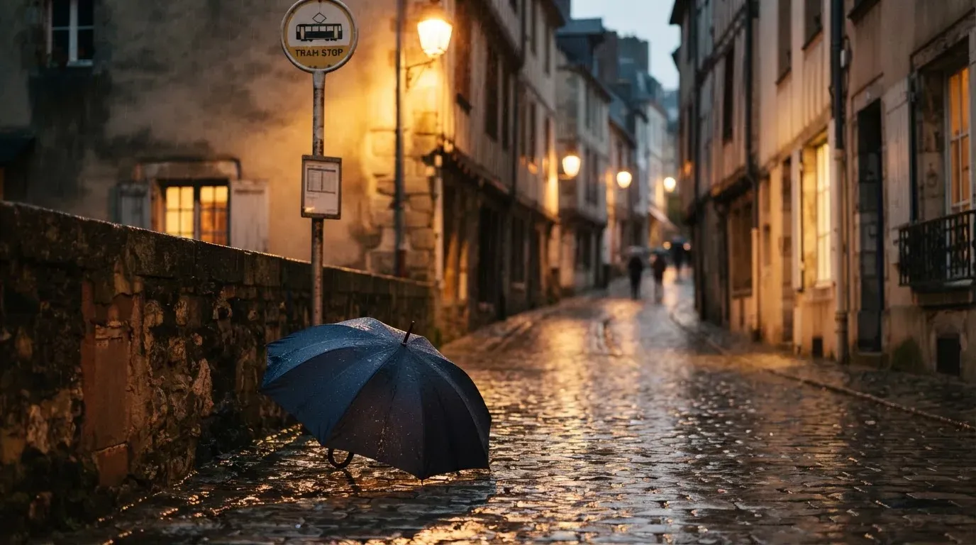 Eine Tramhaltestelle bei Regen in einer Altstadtgasse, das Kopfsteinpflaster glänzt und ein einzelner Regenschirm lehnt an einem Mäuerchen.