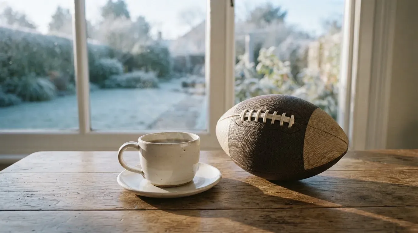 Ein Kaffeebecher und ein Football stehen auf einem Küchentisch am Morgen, durch das Fenster sieht man einen Garten mit Raureif.