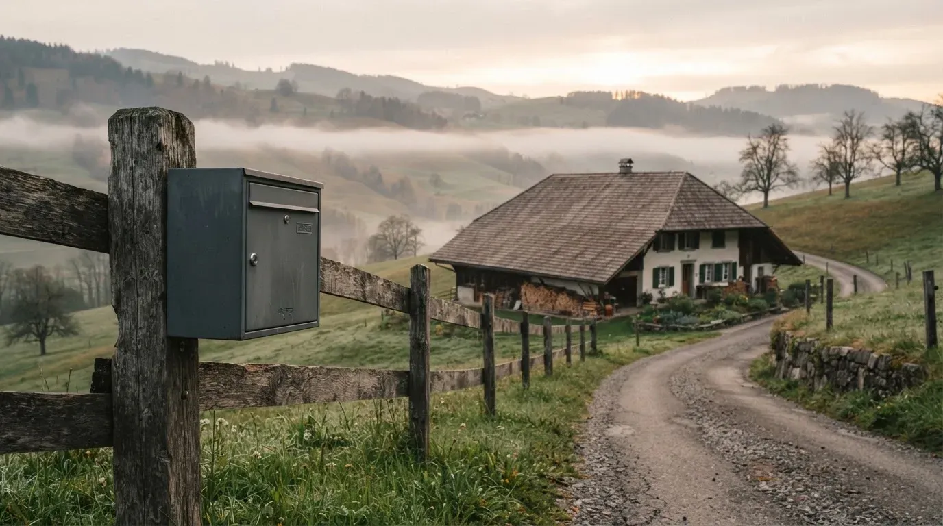 Ein Briefkasten an einem Holzzaun vor einem Bauernhaus in einer Hügellandschaft, auf den Wiesen liegt Frühnebel.