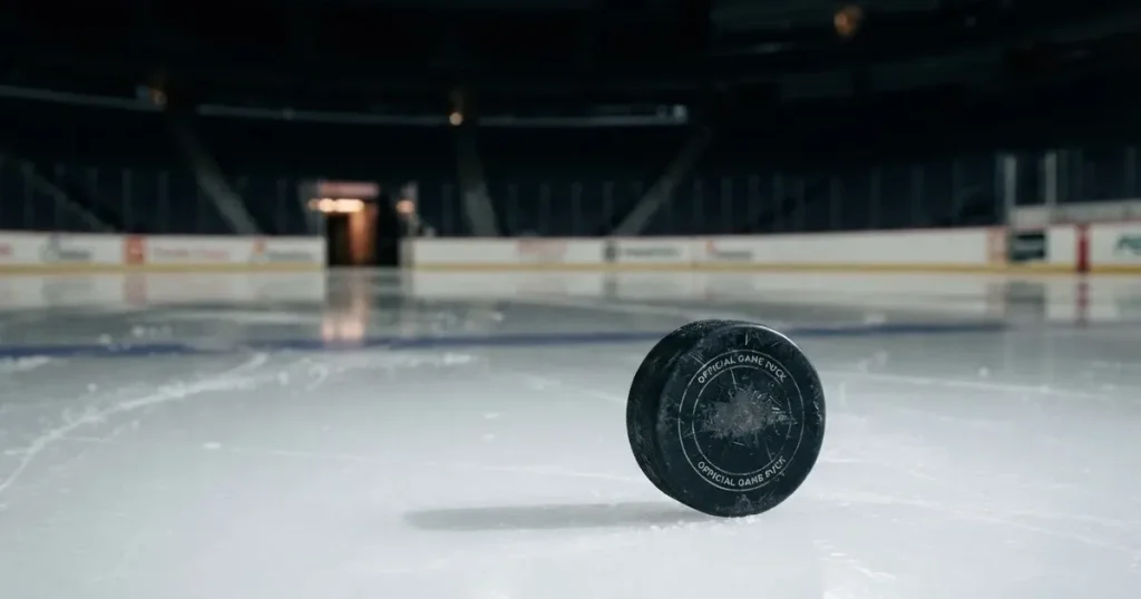 Ein Eishockeypuck liegt auf einer glatten Eisfläche, im Hintergrund erheben sich die dunklen Ränge einer leeren Halle.