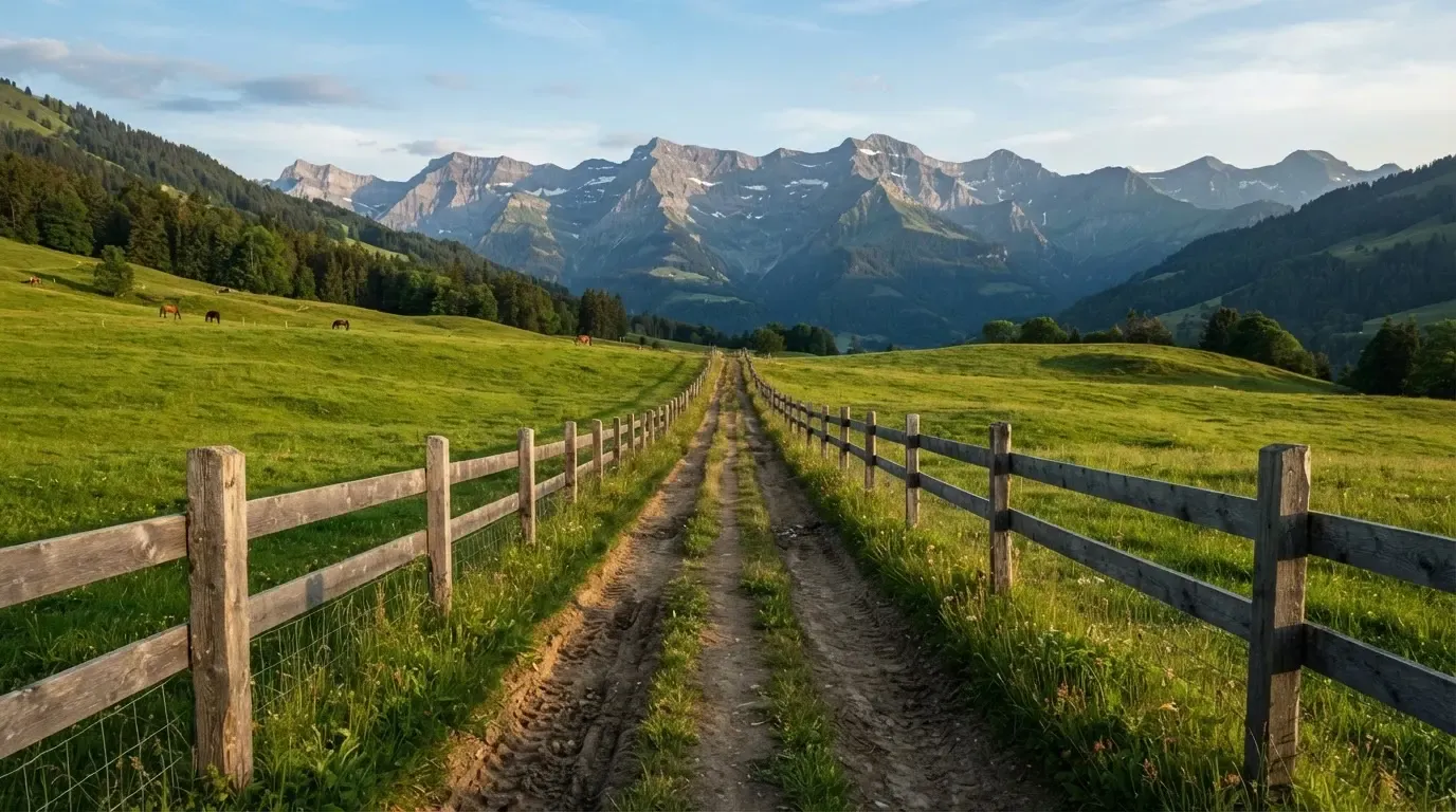 Ein Feldweg führt zwischen Weiden mit Holzzaun auf eine Hügelkette zu, über den Wiesen liegt weiches Abendlicht.