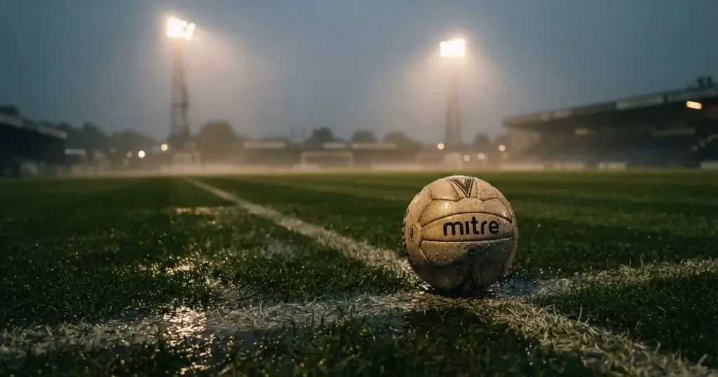 Ein Fussball liegt auf der Strafraumlinie eines nassen Rasens, dahinter stehen Flutlichtmasten im aufsteigenden Nebel.