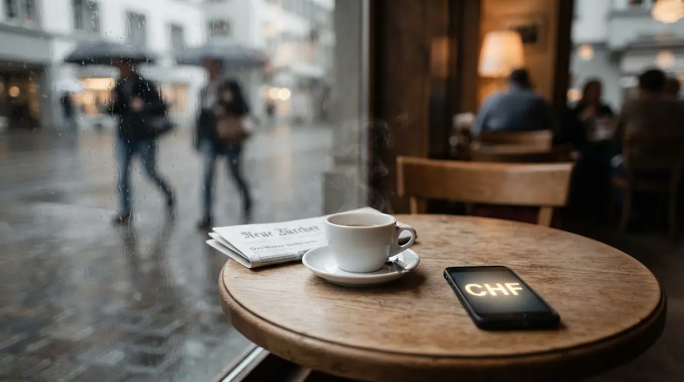 Ein Café-Tisch am Fenster mit einer Teetasse, draussen ein nasser Gehweg und Passanten mit Regenschirmen in unscharfer Ferne.