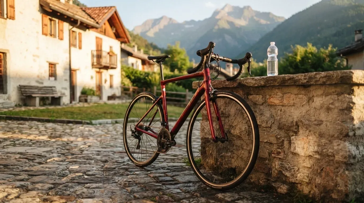 Ein Rennrad lehnt an einer Steinmauer am Rand eines Dorfplatzes, daneben eine Trinkflasche im ersten Sonnenlicht.
