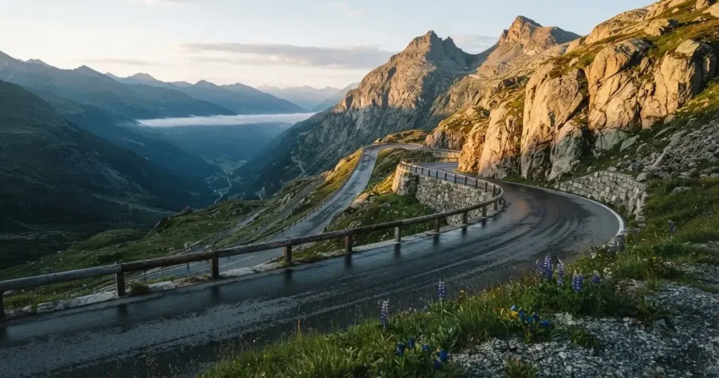 Eine Landstrasse schlängelt sich einen Alpenpass hinauf, am Strassenrand liegt feuchtes Gras und die Morgensonne färbt die Felsen.
