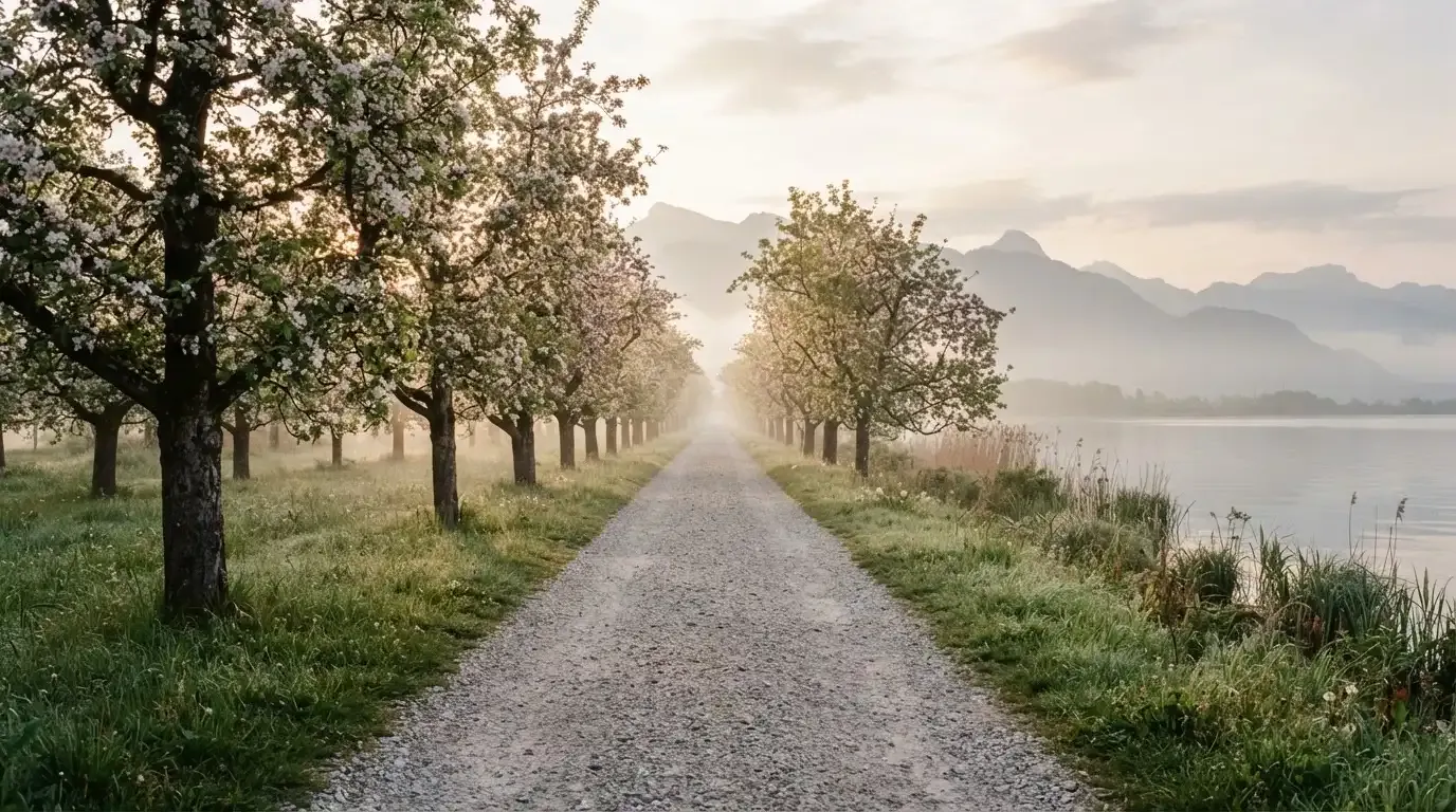 Ein langer Kiesweg zwischen Obstbäumen am Seeufer, im Hintergrund die Silhouette von Bergen im Dunst eines frühen Morgens.