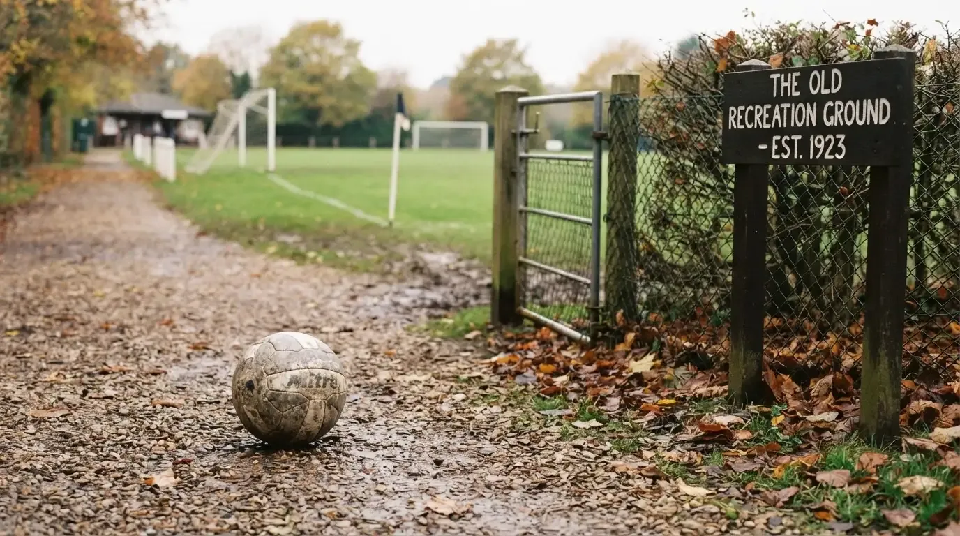Ein abgenutzter Fussball liegt auf einem Kiesweg neben dem Eingang eines Vereinsplatzes, Laub liegt auf dem Boden.