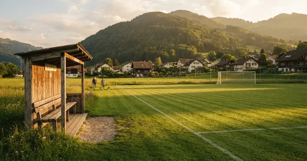 Ein kleiner Fussballplatz mit einfacher Holztribüne und Rasenstreifen am Rand einer Ortschaft, im Hintergrund ein bewaldeter Hügel im Abendlicht.