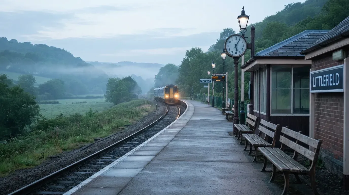 Ein Bahnsteig mit leeren Bänken an einem Regionalbahnhof am Morgen, ein Zug fährt in der Ferne ein.
