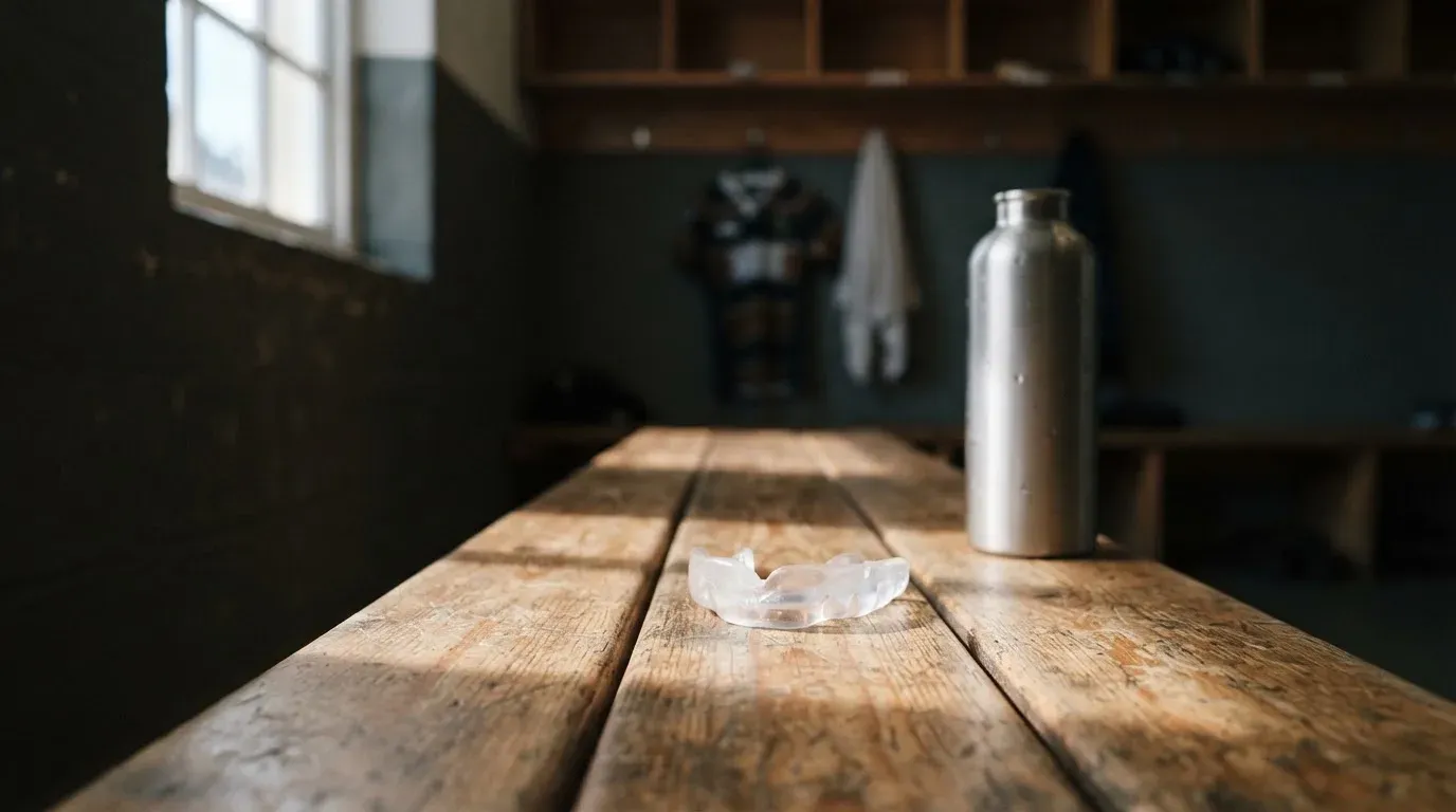 Ein Mundschutz liegt auf einer Holzbank neben einer Trinkflasche in einer schlichten Kabine, durch das Fenster fällt Morgenlicht.