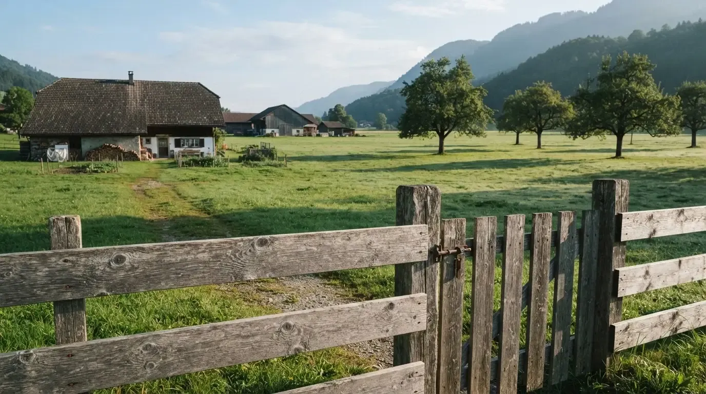 Ein Gartenzaun aus Holz an einer Hofeinfahrt, dahinter eine Wiese mit einzelnen Apfelbäumen im klaren Morgenlicht.