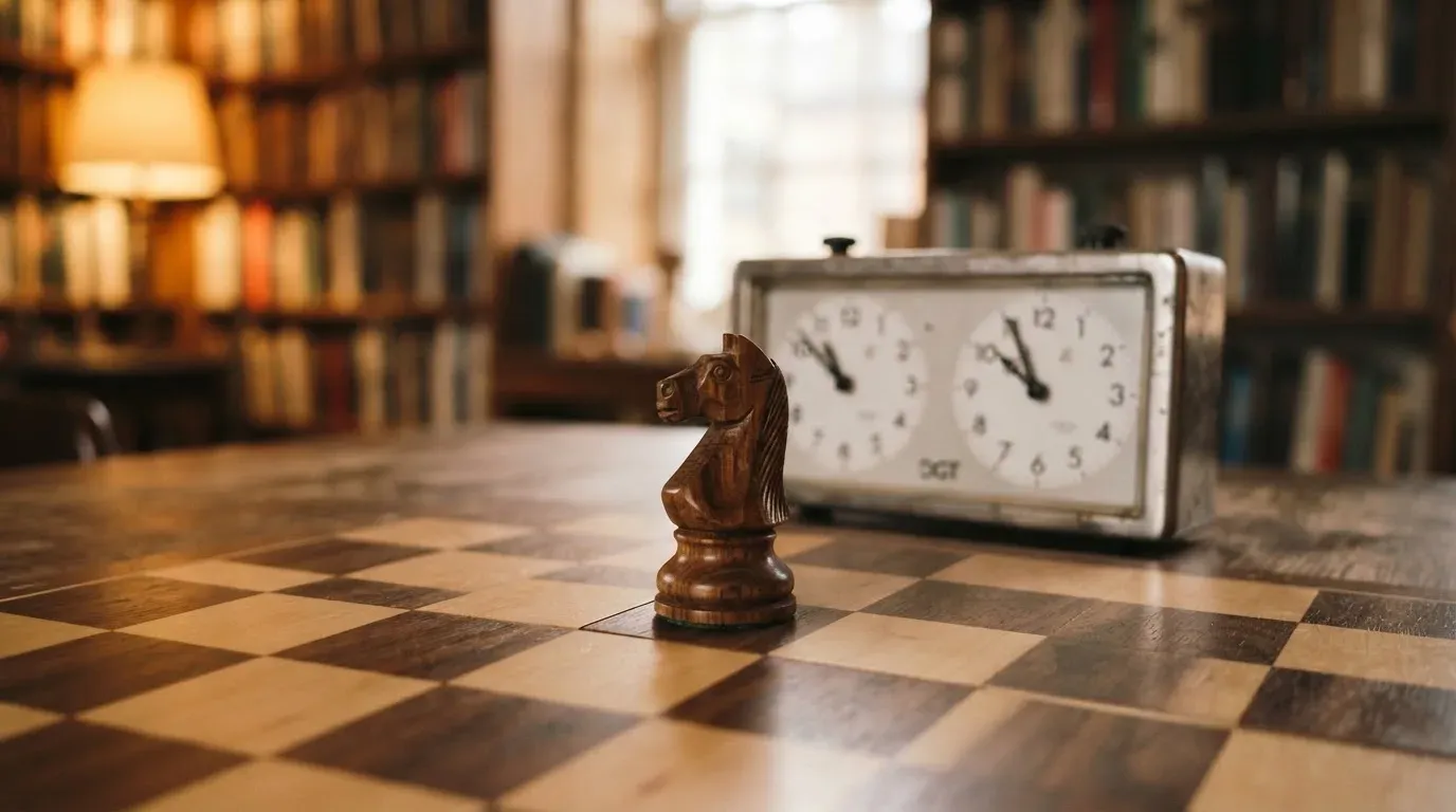 Ein Springer aus Holz steht allein auf einem Brett neben einer Schachuhr aus Metall, im Hintergrund unscharfe Bücherregale.