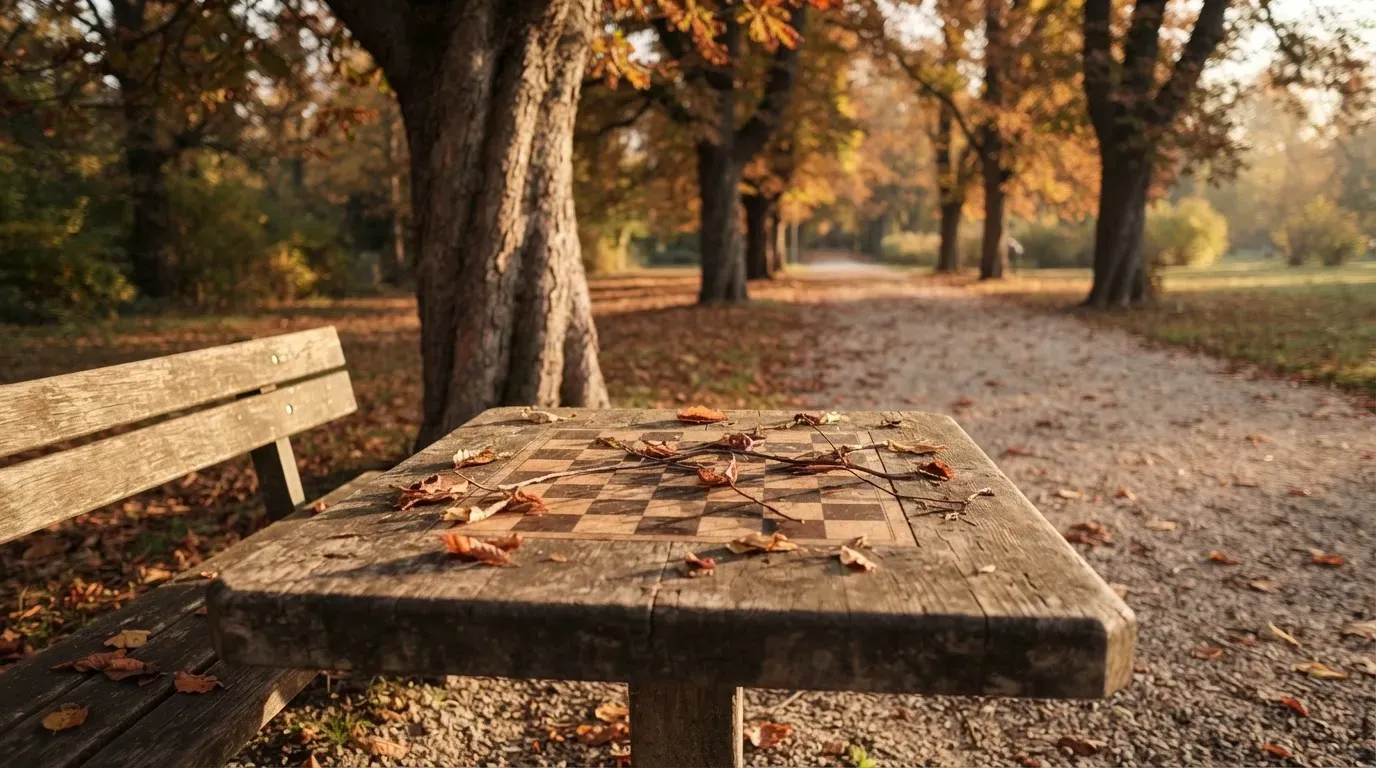 Ein Parkbank-Tisch mit eingelassenem Spielfeld unter alten Kastanien, auf den Wegen liegt Laub und die Sonne steht tief.