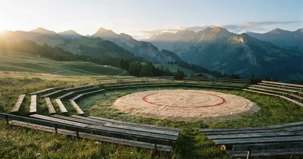Ein kreisrunder Sägemehlring auf einer Wiese in den Voralpen, leere Holzbänke ringsum, im Hintergrund Berge im Morgenlicht.