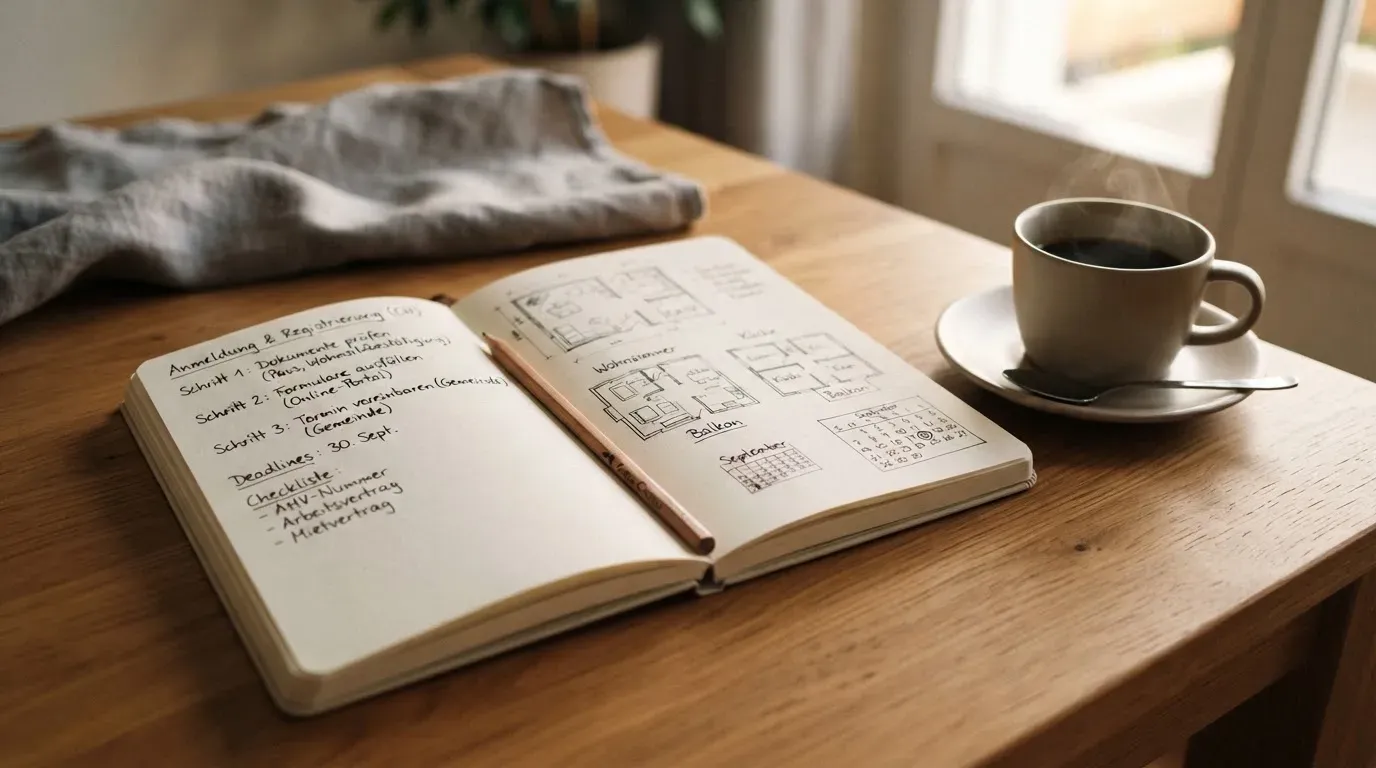 Ein aufgeschlagenes Notizbuch mit handschriftlichen Skizzen neben einem Bleistift und einer Kaffeetasse auf einem Holztisch.