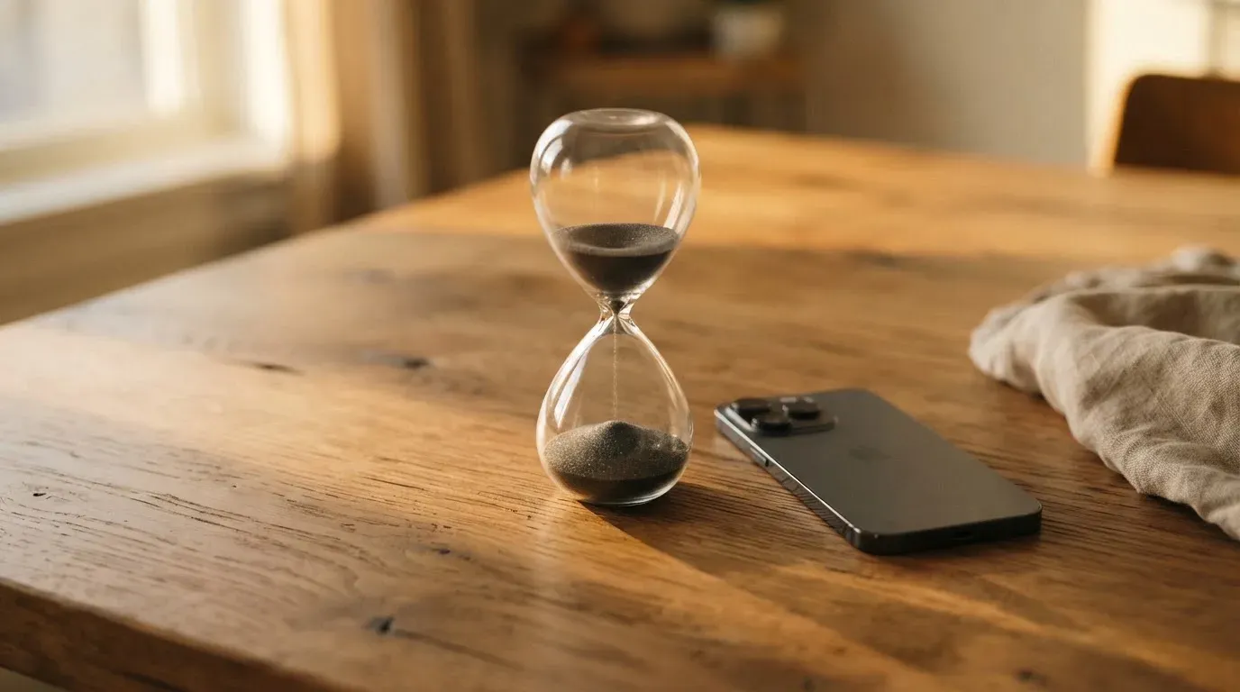 Eine Sanduhr steht auf einem Holztisch neben einem umgedrehten Smartphone, warmes Licht fällt von der Seite ein.