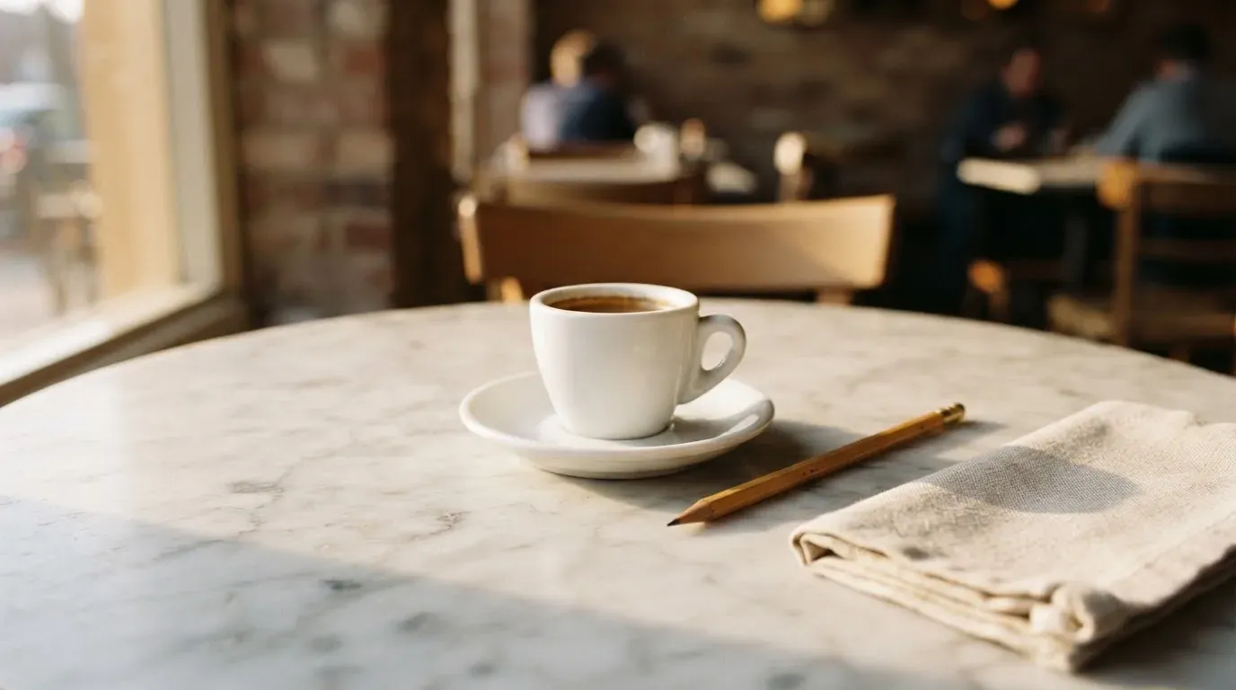 Eine Espressotasse und ein Bleistift liegen auf einem Caféhaustisch neben einer gefalteten Stoffserviette im Licht der Morgensonne.