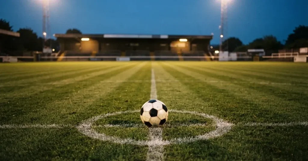 Ein Fussball liegt auf dem Anstosspunkt eines leeren Rasenplatzes in der Abenddämmerung, dahinter leuchten Flutlichtmasten über einer Tribüne.
