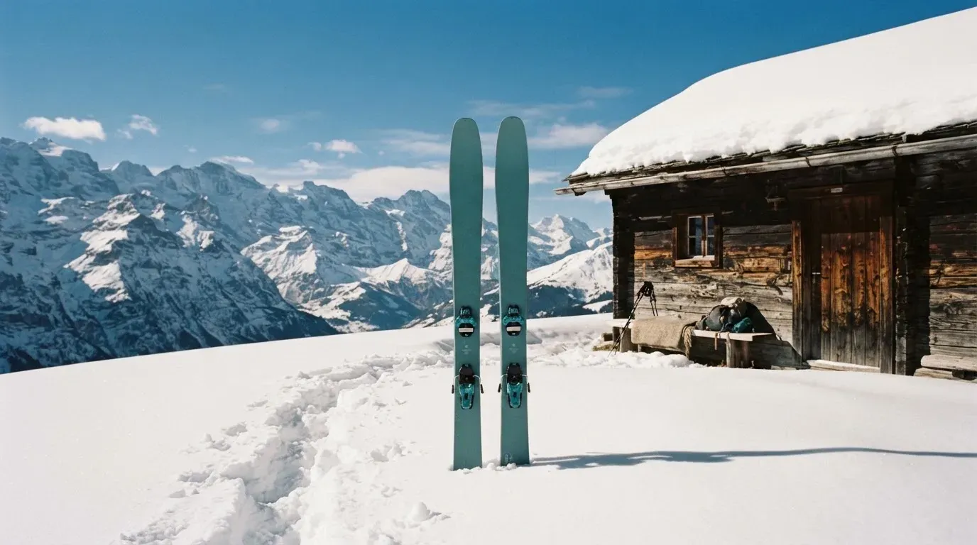 Zwei Skier stecken aufrecht im Schnee neben einer Holzhütte, dahinter ein weites Alpenpanorama bei klarem Himmel.