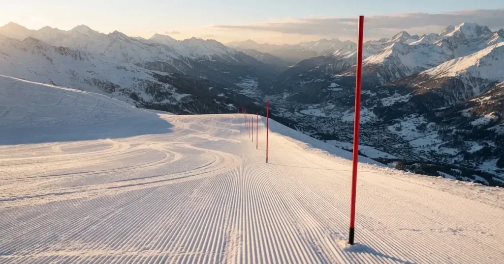 Ein frisch präparierter Hang mit Slalomstangen in einer Reihe im ersten Morgenlicht, Schneespuren im Hang und Berge im Hintergrund.