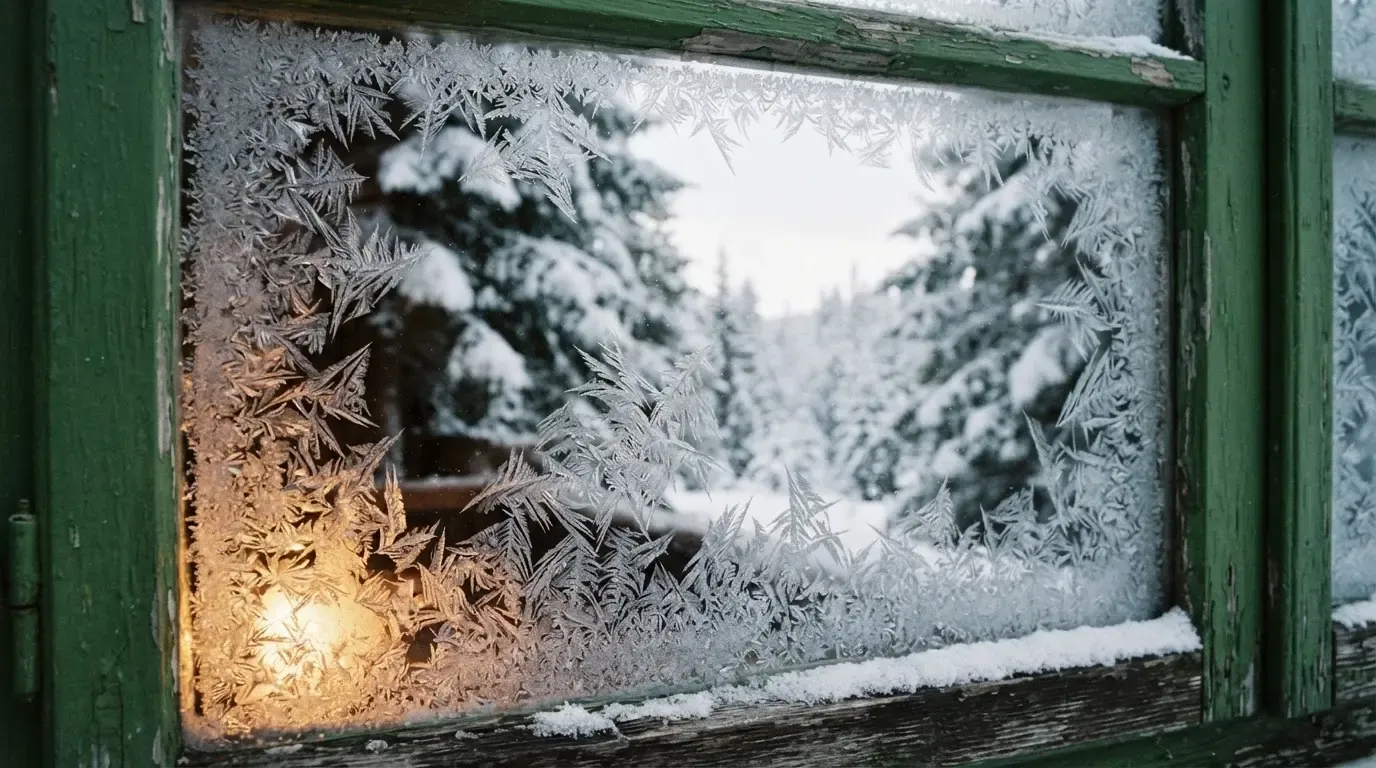 Ein vereistes Fenster einer Berghütte mit Blick auf verschneite Tannen im blassen Winterlicht.