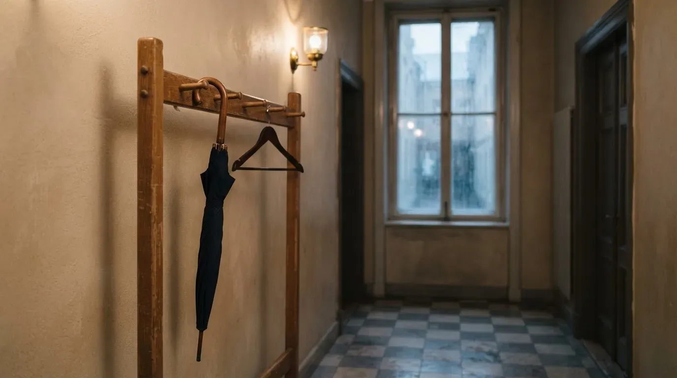 Eine Garderobe aus Holz mit einem dunklen Regenschirm in einem stillen Korridor, am Fenster rinnt Regen herunter.