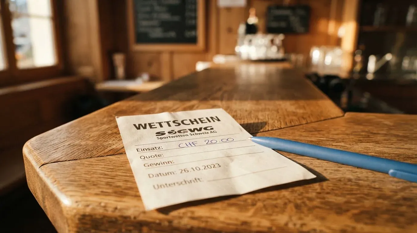 Ein leerer Wettschein aus Papier und ein Kugelschreiber liegen auf einer hölzernen Theke im Nachmittagslicht.
