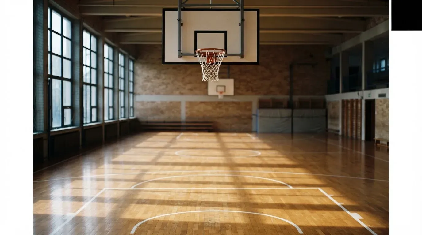 Ein Basketballkorb hängt in einer leeren Turnhalle, durch hohe Fenster fällt Licht auf das Holzparkett.