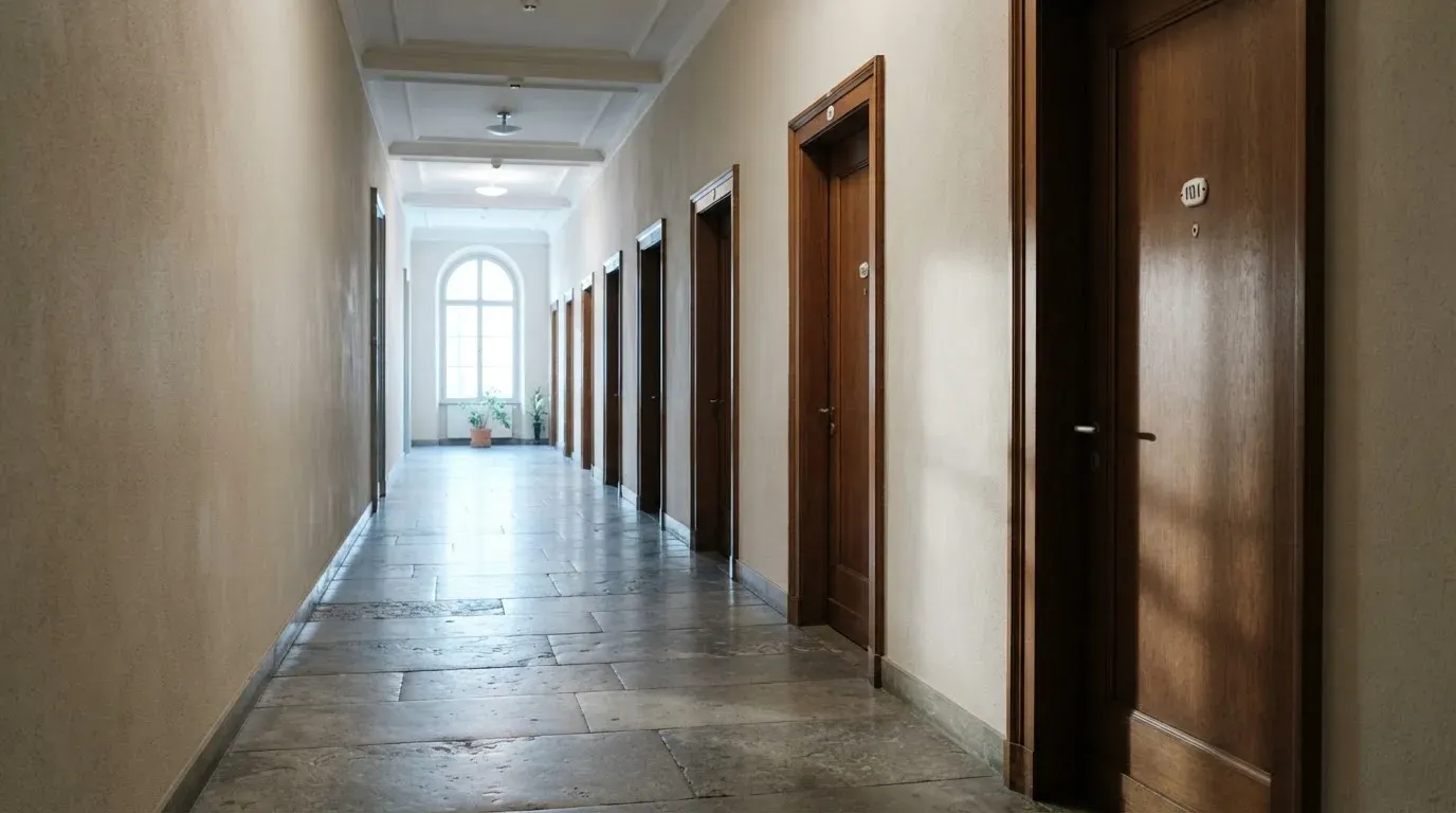 Ein langer, leerer Flur in einem Verwaltungsgebäude mit Holztüren und Steinboden im kühlen Tageslicht.