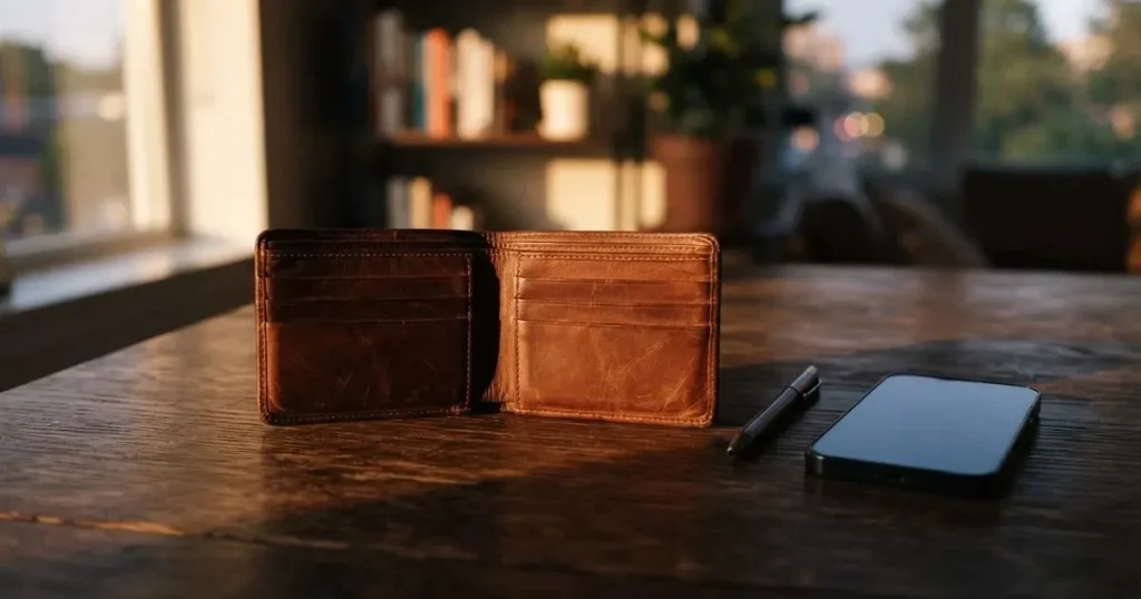 Eine leere Geldbörse aus Leder liegt geöffnet auf einem Tisch, daneben ein Kugelschreiber und ein Smartphone mit dunklem Display.