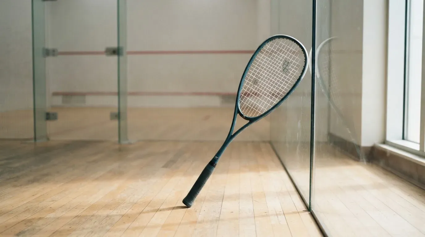 Ein Squashschläger lehnt an der Glaswand eines leeren Courts, draussen fällt Tageslicht in den Gang.