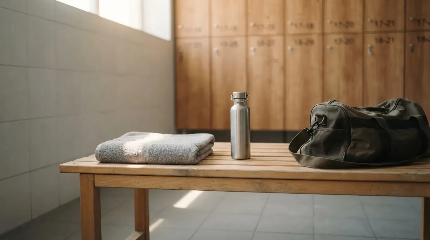Ein Frottiertuch und eine Trinkflasche liegen auf einer Bank neben einer Sporttasche in einer ruhigen Garderobe.