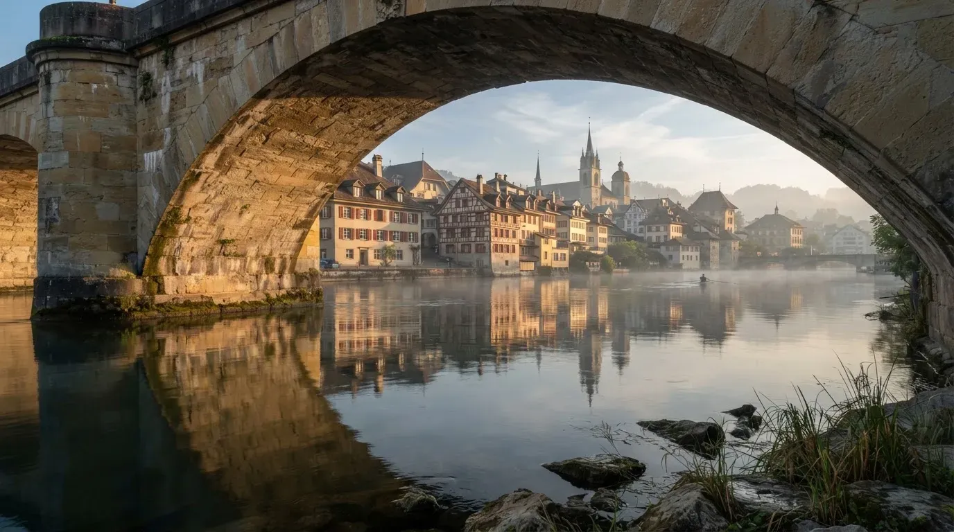 Ein steinerner Brückenbogen über einem Fluss in einer Schweizer Altstadt im ersten Morgenlicht.
