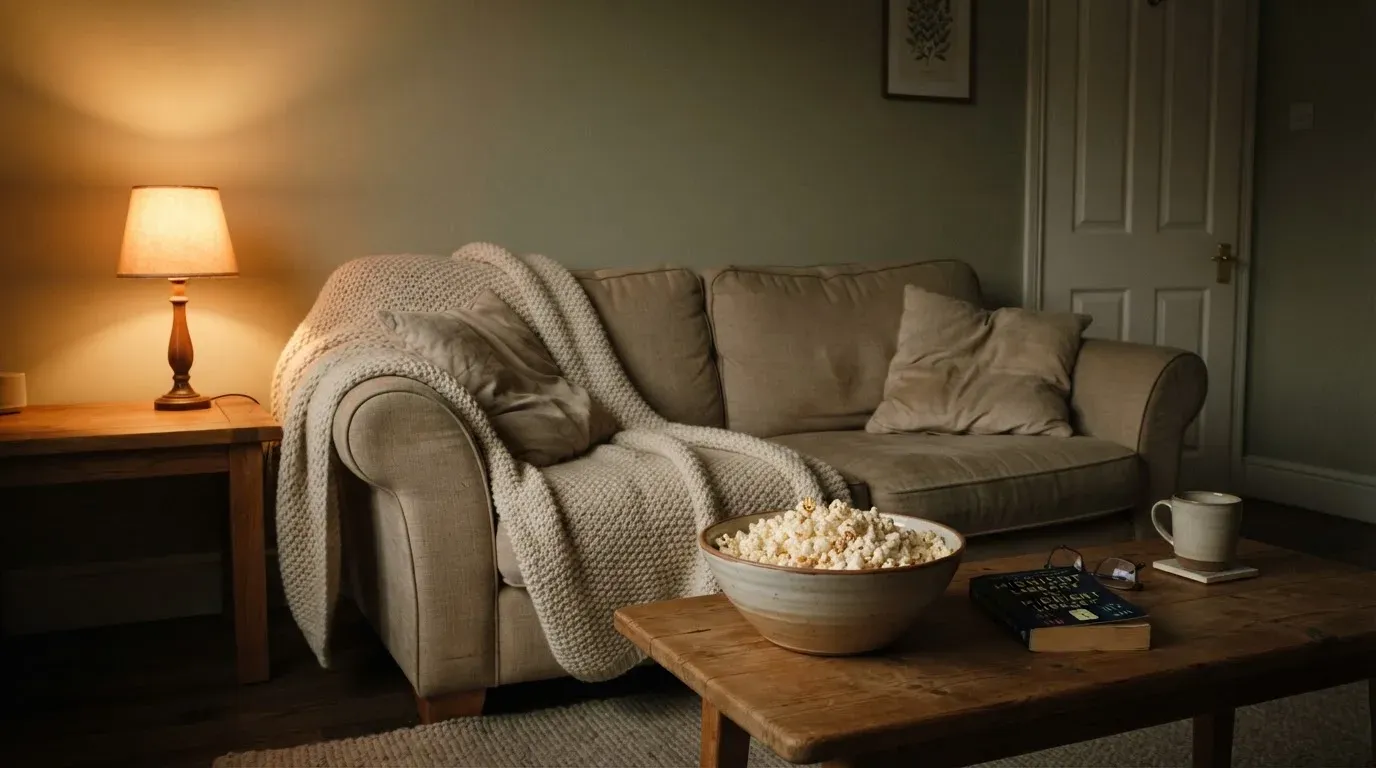 Ein Sofa mit Wolldecke und eine Schale Popcorn auf dem Couchtisch in einem Wohnzimmer bei Lampenlicht am späten Abend.