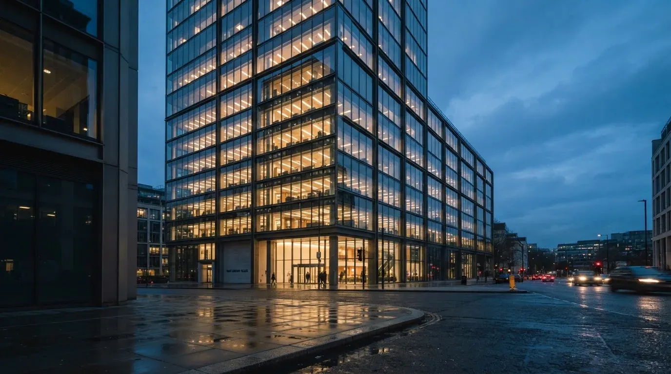 Ein Bürogebäude aus Glas in der Dämmerung mit beleuchteten Fenstern, gesehen von einer Strassenecke.