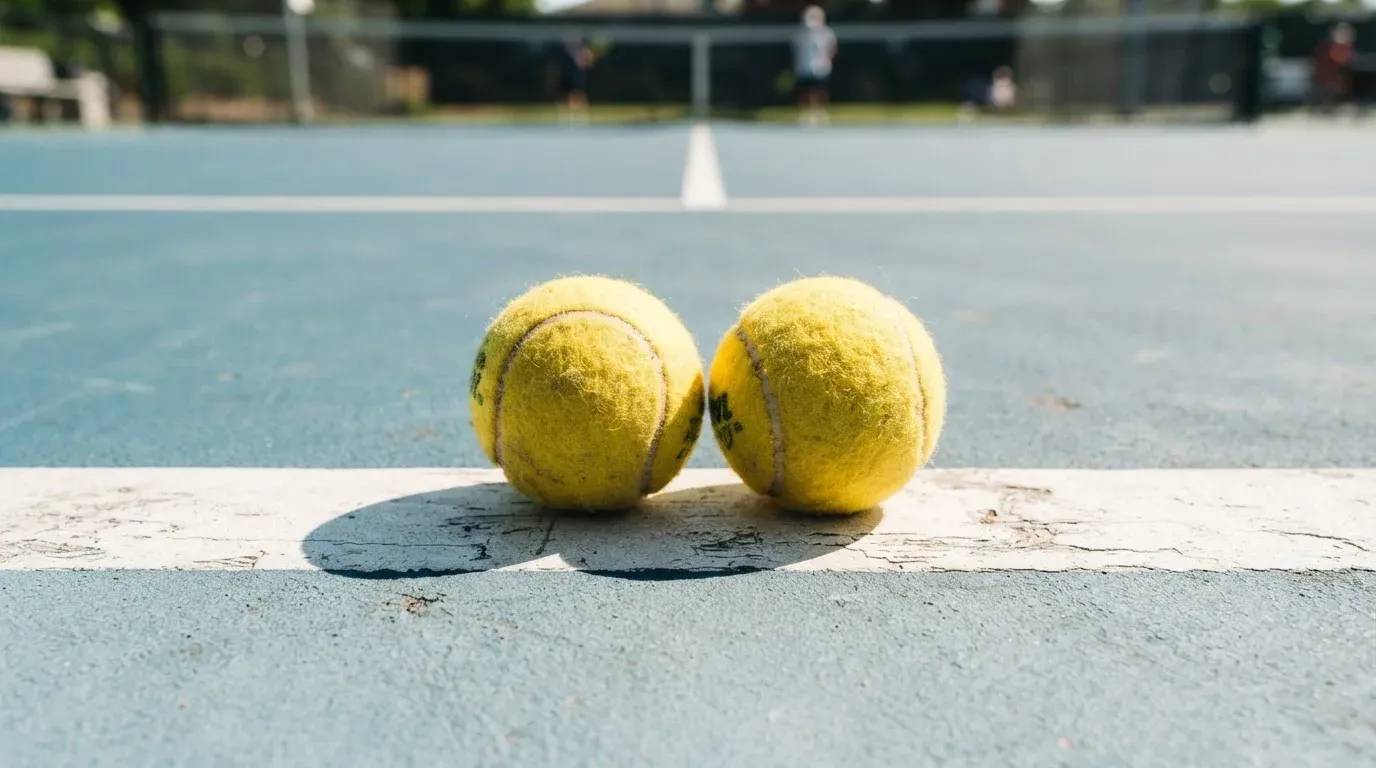 Zwei Tennisbälle liegen auf der weissen Grundlinie eines Hartplatzes im grellen Sonnenlicht.