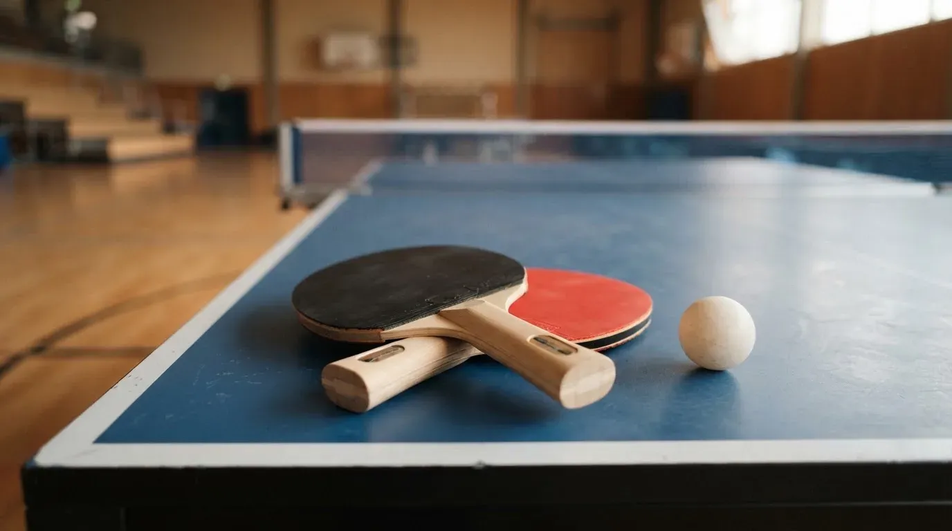 Zwei Tischtennisschläger liegen gekreuzt am Rand einer Platte, daneben ein kleiner weisser Ball.