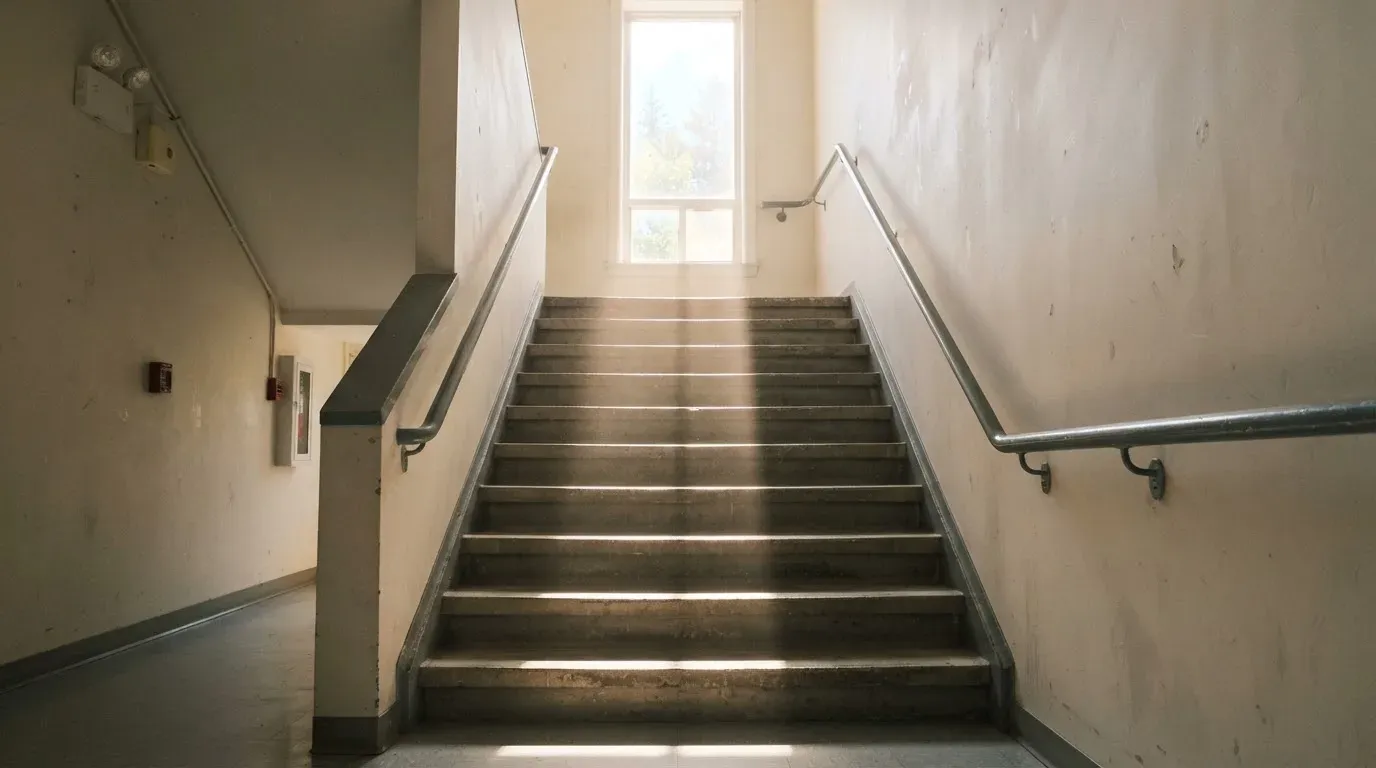 Ein stilles Treppenhaus eines Gemeindesportzentrums, durch ein Fenster fällt Nachmittagslicht auf die Stufen.