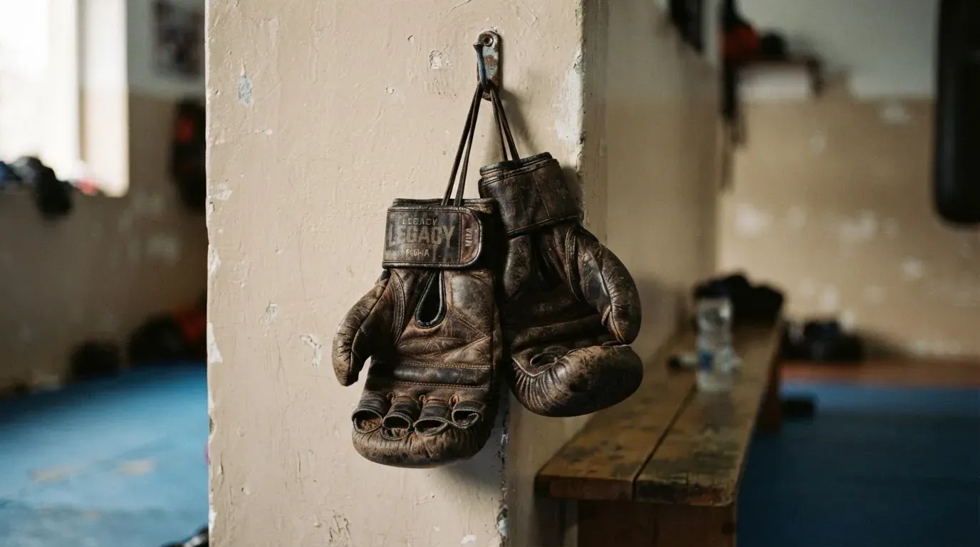 Ein Paar abgegriffener Kampfsporthandschuhe hängt an einem Haken in einem Trainingsraum.