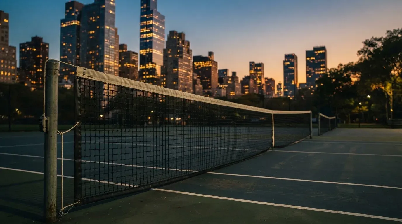Die Hochhäuser einer Grossstadt in der Dämmerung, gesehen von einem Park, im Vordergrund ein gespanntes Tennisnetz.