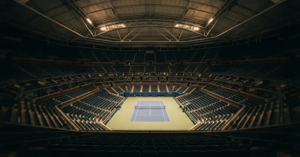Ein hohes Tennisstadion mit geschlossenem Dach, von innen beleuchtet, leere Sitzreihen umschliessen den blauen Hartplatz.