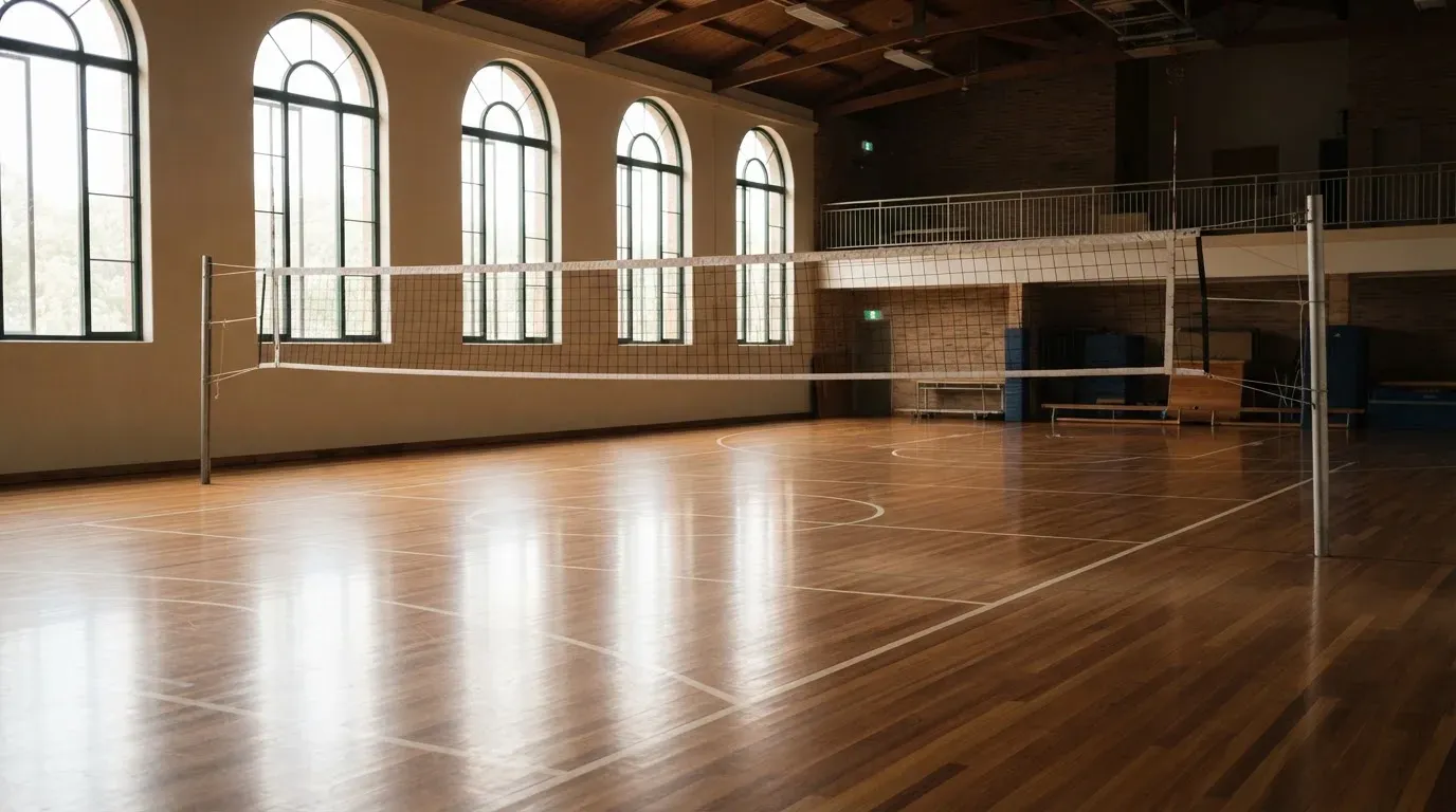 Eine Sporthalle mit gespanntem Volleyballnetz über poliertem Holzboden, hohe Fenster lassen Tageslicht herein.
