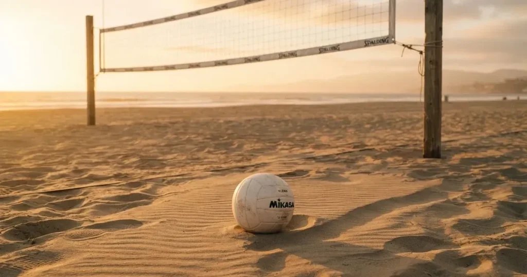Ein Volleyball liegt im Sand eines Beachplatzes, zwischen zwei Pfosten ist ein Netz gespannt, tiefe Abendsonne wirft lange Schatten.