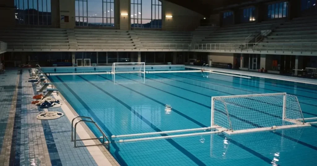 Ein Wasserballbecken am Abend mit zwei schwimmenden Torrahmen an den Enden, ruhiges blaues Wasser, leere Ränge.
