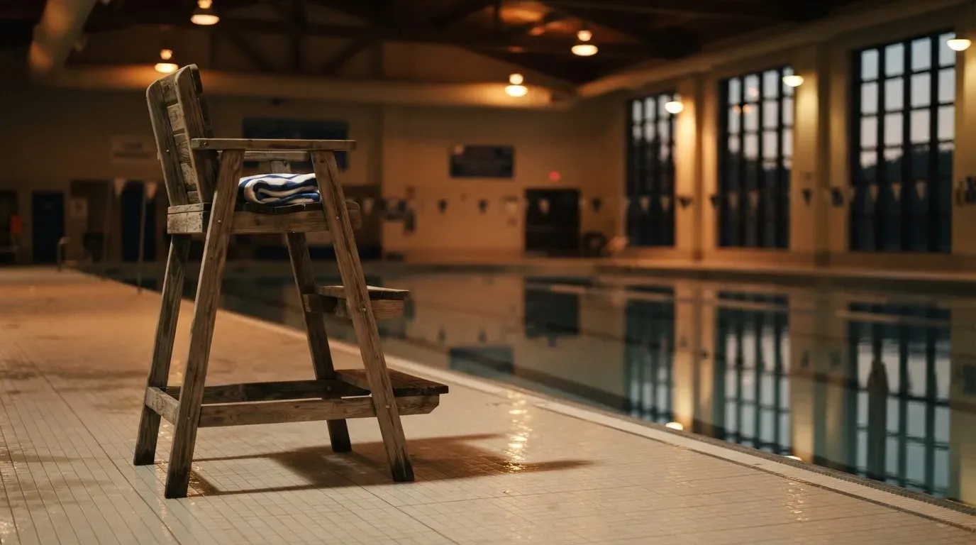 Ein Bademeisterstuhl neben einem Hallenbad zur Schliesszeit, gedimmtes Licht, glatte Wasseroberfläche.