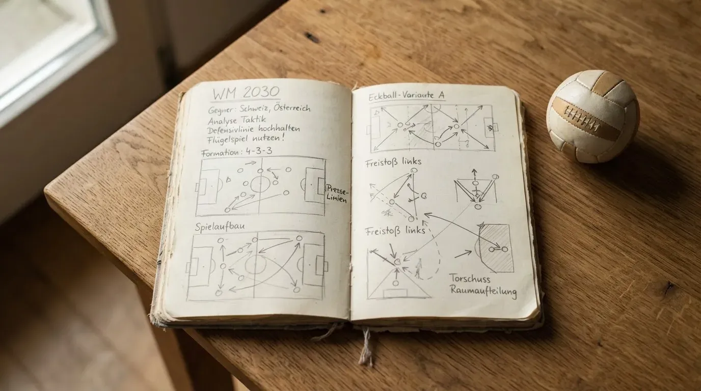 Ein aufgeschlagenes Notizbuch mit Bleistiftskizzen und ein kleiner Fussball liegen auf einem Holztisch im Tageslicht.