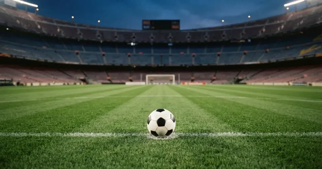 Ein Fussball liegt auf dem Anstosspunkt eines leeren Rasenplatzes, dahinter ragen die Ränge eines grossen Stadions in der Abenddämmerung auf.