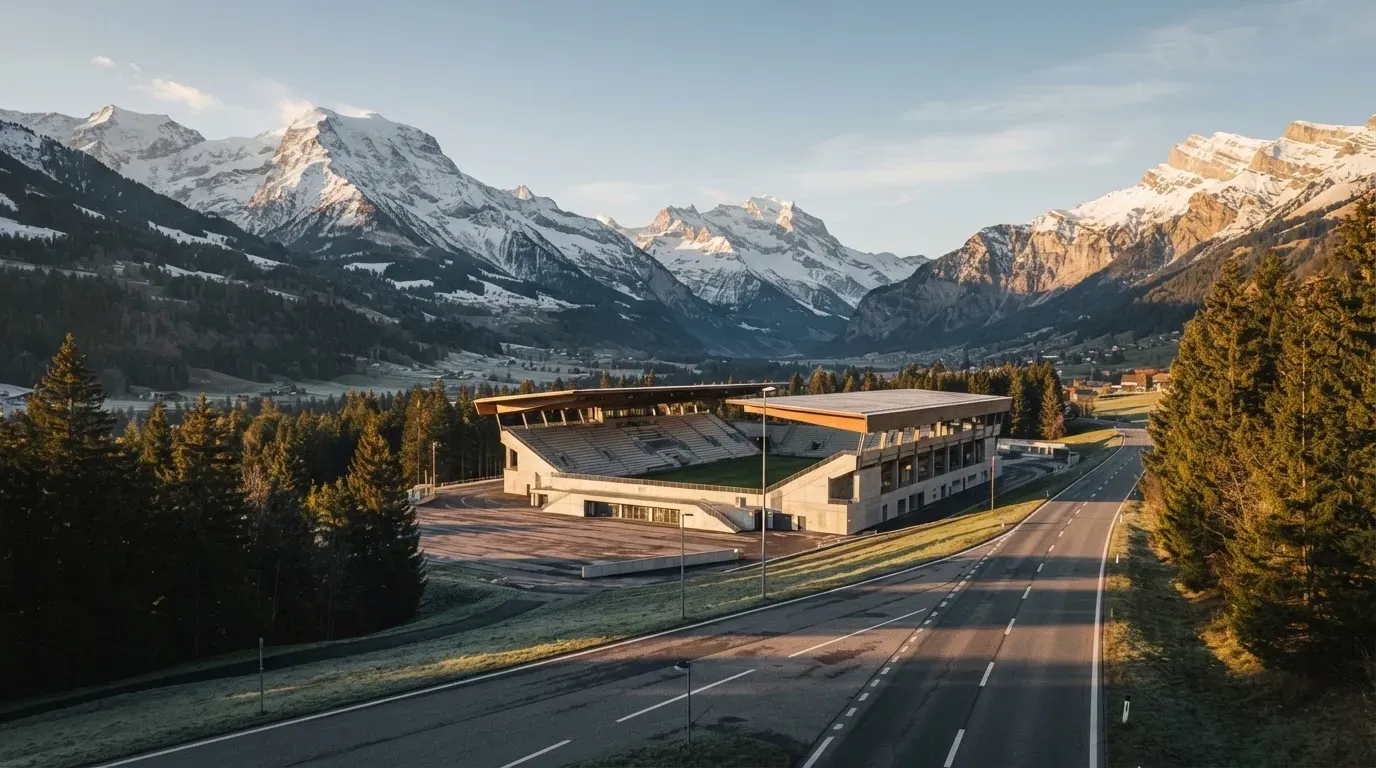 Schneebedeckte Berge erheben sich hinter einem Fussballstadion in einem Schweizer Tal, davor liegt eine leere Strasse im Morgenlicht.