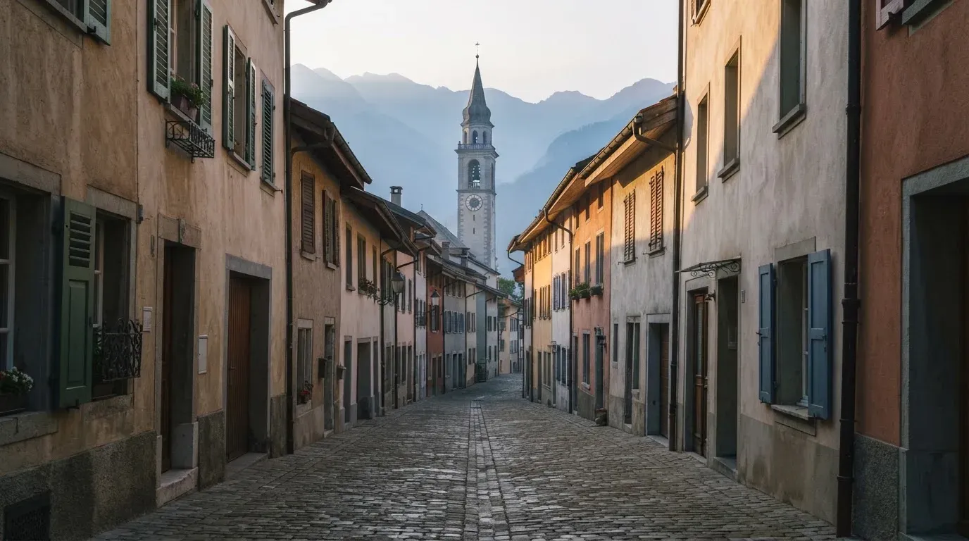 Eine ruhige Gasse in einer Schweizer Altstadt mit Kopfsteinpflaster am frühen Morgen, im Hintergrund ein Kirchturm und Berge im Dunst.