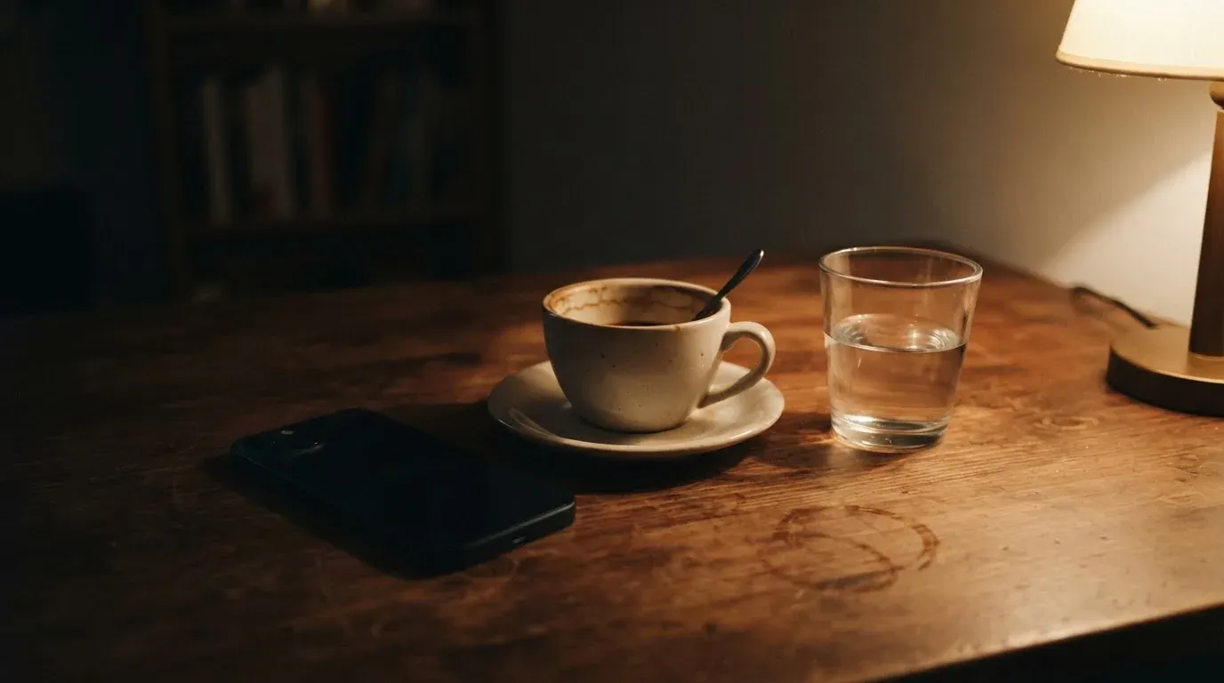 Ein Smartphone mit dunklem Display liegt neben einer Kaffeetasse und einem Glas Wasser auf einem Holztisch im Licht einer Lampe.